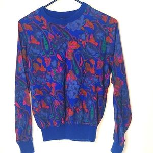RRRRuss 1980s M Psychedelic Blue Paisley Pullover Blouse Long Sleeve 1970s